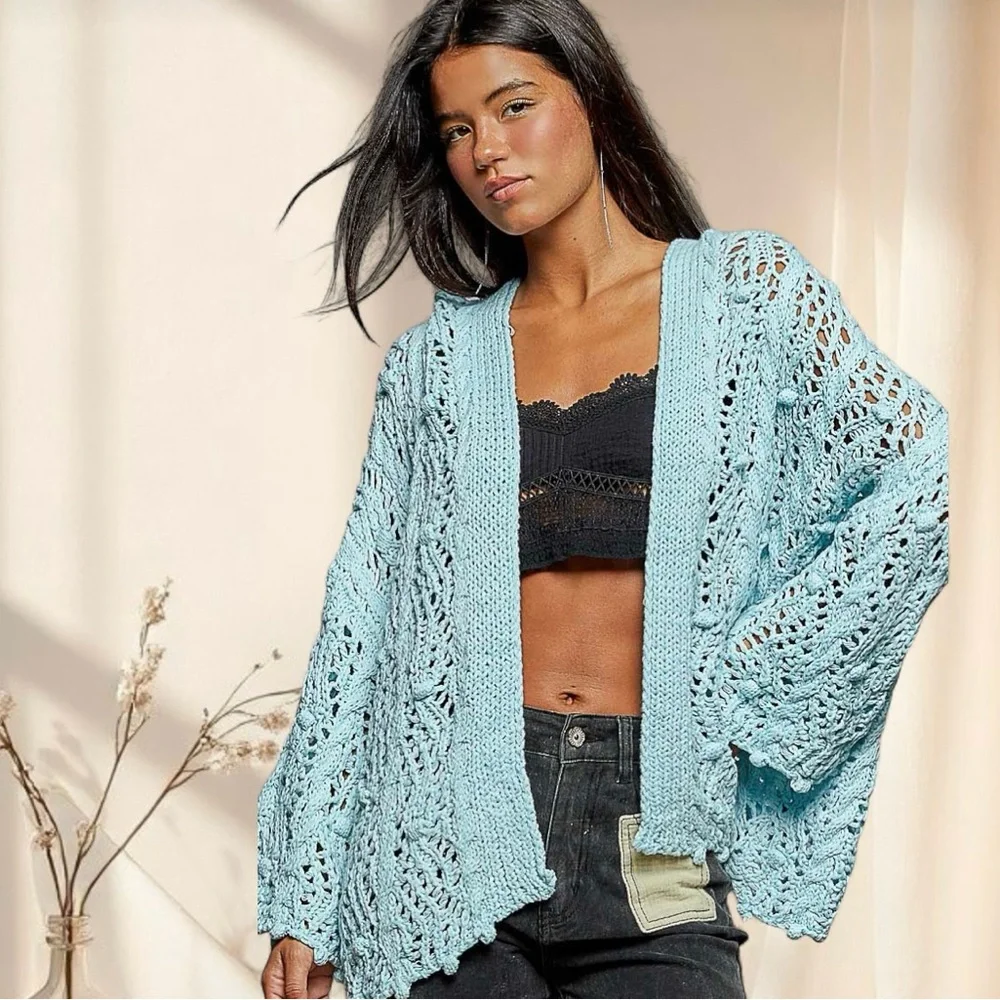 POL Baby Blue Crochet Hooded Open Knit Cardigan Sweater - Picture 3 of 11